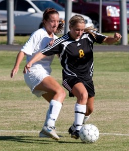 Faith McKenzy competes for the ball against a Cal Star player at Raider Field on August 25, 2009. The Lady Raiders hosted a preseason scrimmage with Cal Star Premier.