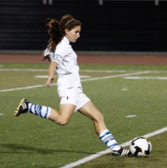 VC soccer 11/6/09 Ashley Cheney shoots on goal during stoppage time at the Ventura College Sportsplex on Friday night. The Raiders tied the Pirates, 2-2, clinching the Western States Conference.