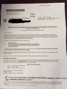 Letter I received in the mail saying I was eligible for loan consolidation.