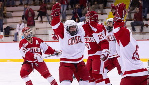 Frozen Four Bound–Cornell’s Laura Fortino (center) celebrates with teammates shortly after Rougeau’s game-winning goal in triple overtime. (Photo by Patrick Shanahan)