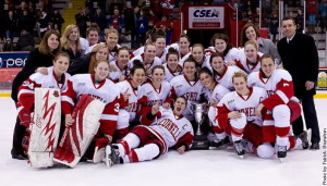 Champions–Cornell presented the ECAC championship trophy after a 2-1 overtime victory against Clarkson Friday night at Lynah Rink. It is the Big Red’s third consecutive ECAC Championship. (Photo by Patrick Shanahan)